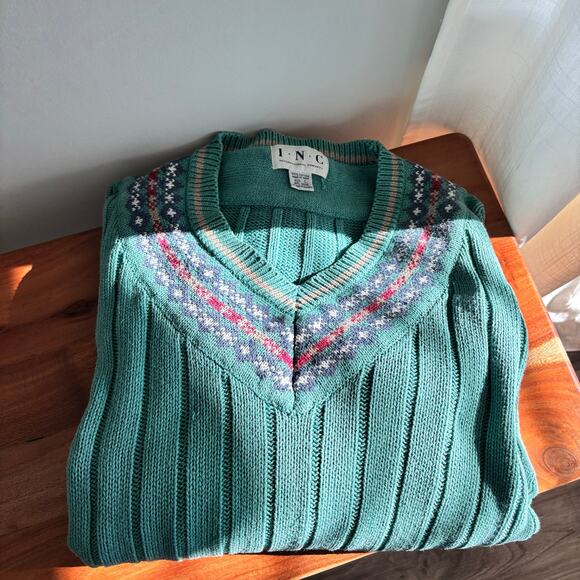 Vintage 90s INC Teal Purple V Neck Fisherman Knit Sweater Size Large 100% Cotton - Picture 1 of 8